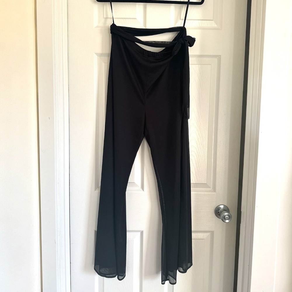 MSK Black Wide Leg Palazzo Pants Wrap Tie Flowy Sheer Mesh Trim Women's Medium